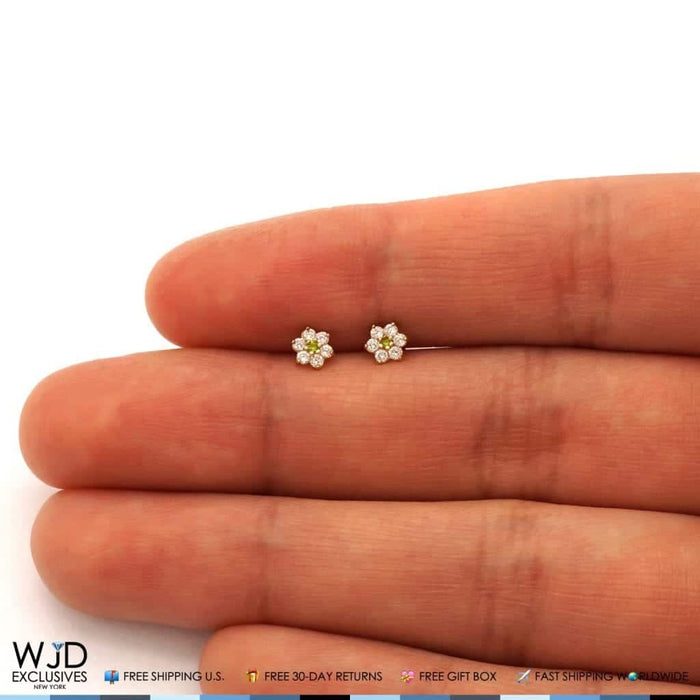 14k Yellow Gold CZ & Peridot Flower Screw Back Stud Earrings