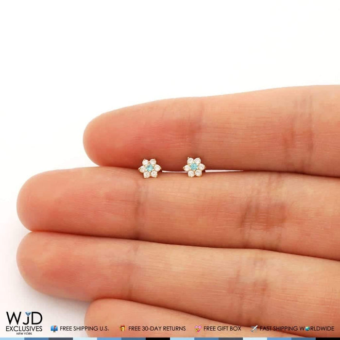 14k Gold CZ Blue Topaz Flower Cluster Screw Back Stud Earrings