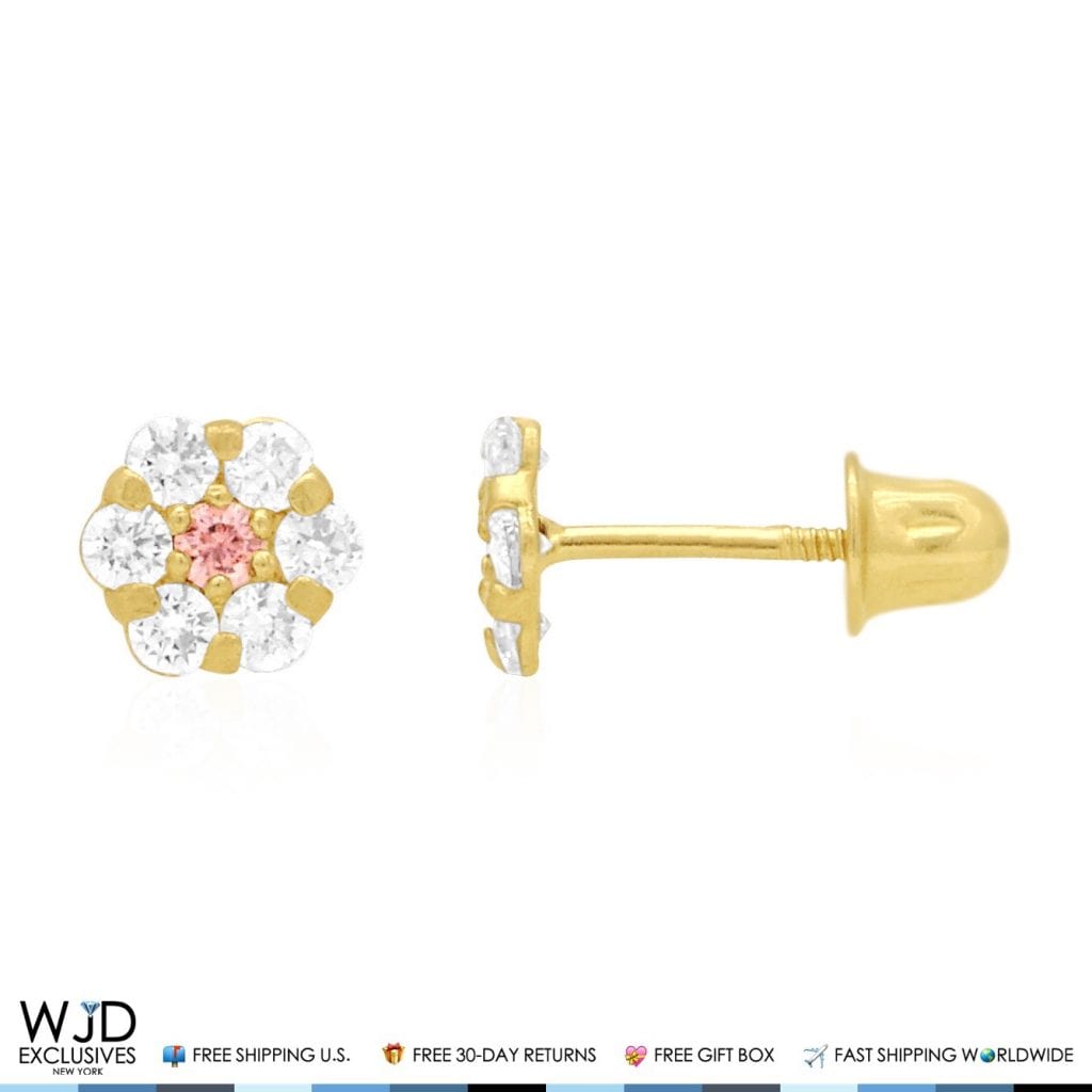 Kid's 14k Yellow Gold Simulated Birthstone Flower Screw Back Earrings 5mm