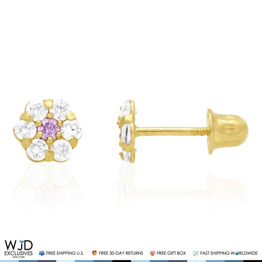 Kid's 14k Yellow Gold Simulated Birthstone Flower Screw Back Earrings 5mm