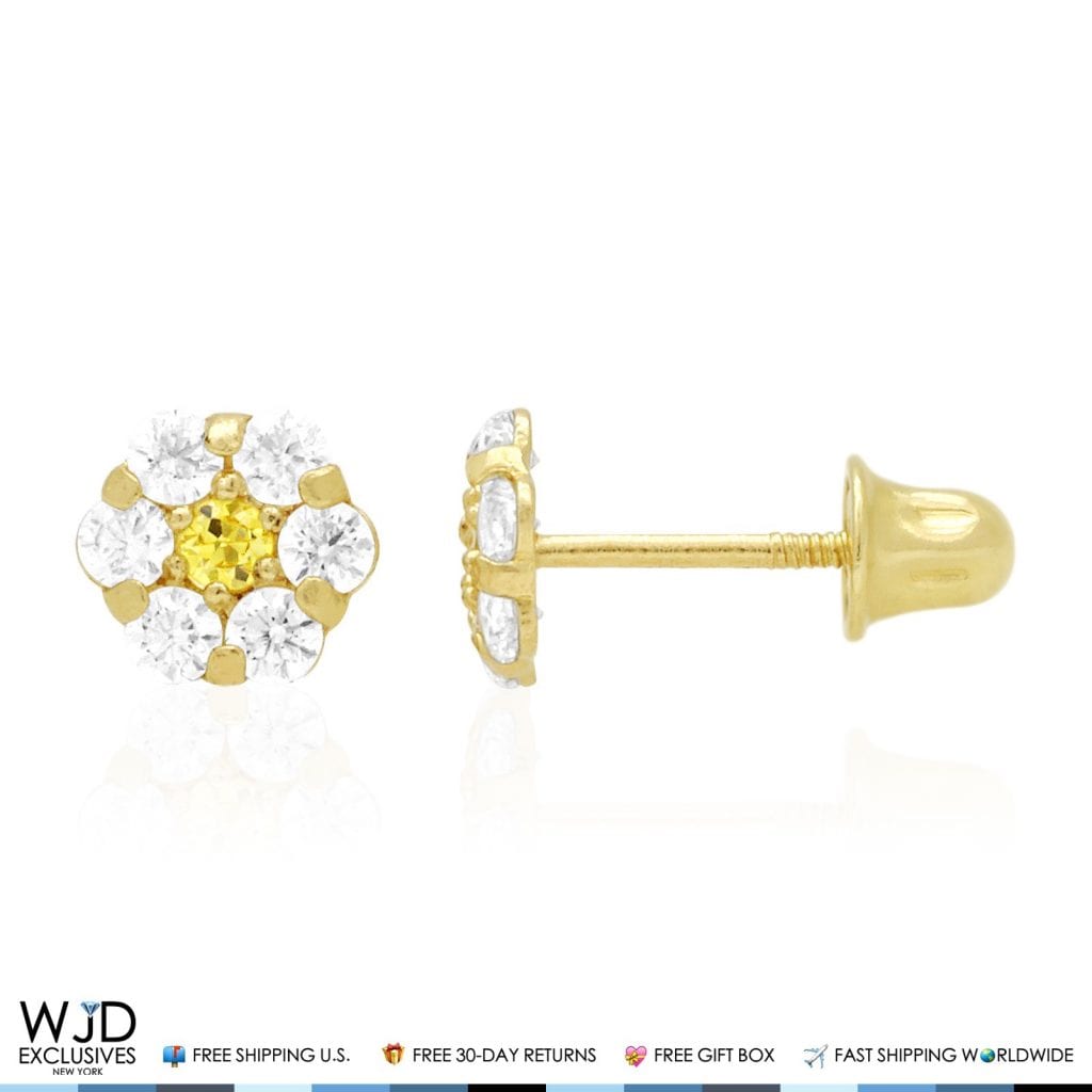 Kid's 14k Yellow Gold Simulated Birthstone Flower Screw Back Earrings 5mm