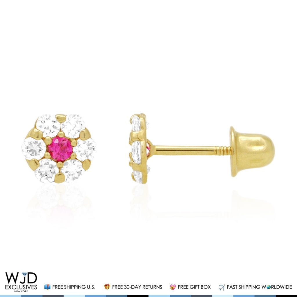 Kid's 14k Yellow Gold Simulated Birthstone Flower Screw Back Earrings 5mm