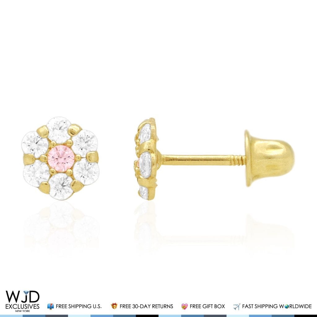 Kid's 14k Yellow Gold Simulated Birthstone Flower Screw Back Earrings 5mm