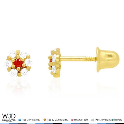 Kid’s 14K Gold Birthstone CZ Flower Screw Back Stud Earrings 4mm