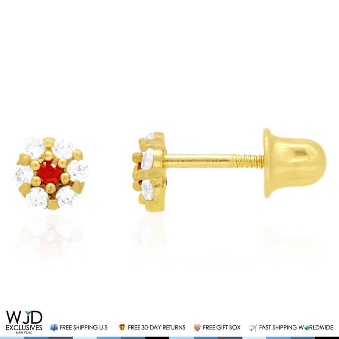 Kid’s 14K Gold Birthstone CZ Flower Screw Back Stud Earrings 4mm