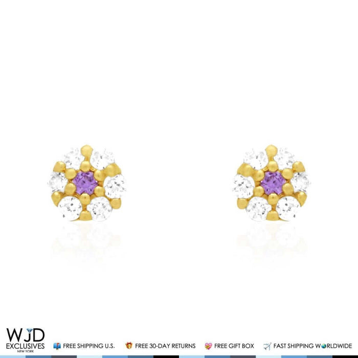 Kid’s 14K Gold Birthstone CZ Flower Screw Back Stud Earrings 4mm
