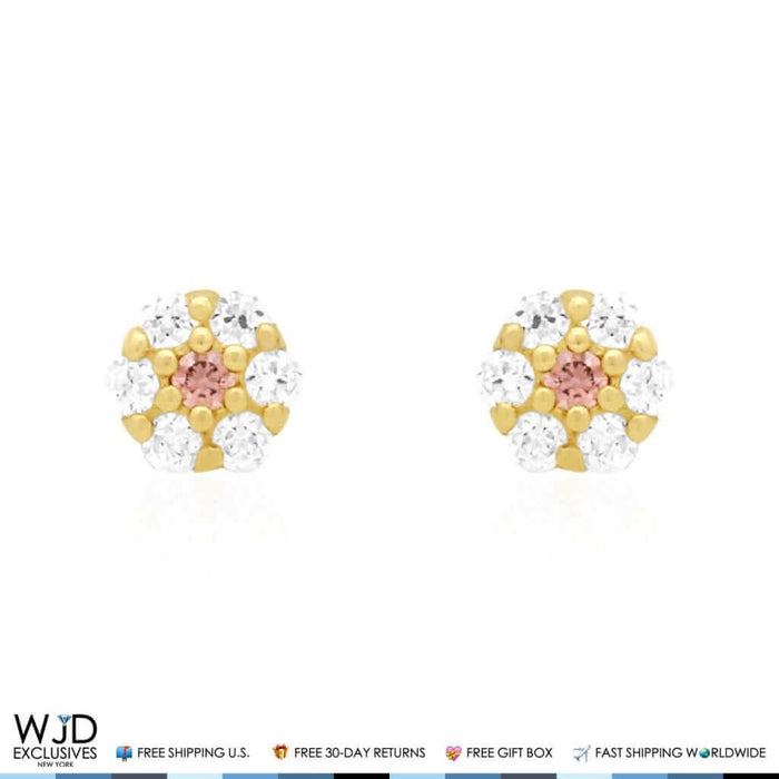 Kid’s 14K Gold Birthstone CZ Flower Screw Back Stud Earrings 4mm