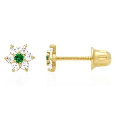 14k Yellow Gold CZ Emerald And Flower Screw Back Stud Earrings