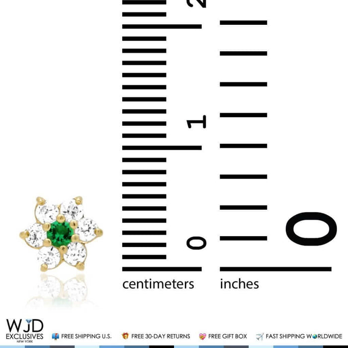 14k Yellow Gold CZ Emerald And Flower Screw Back Stud Earrings