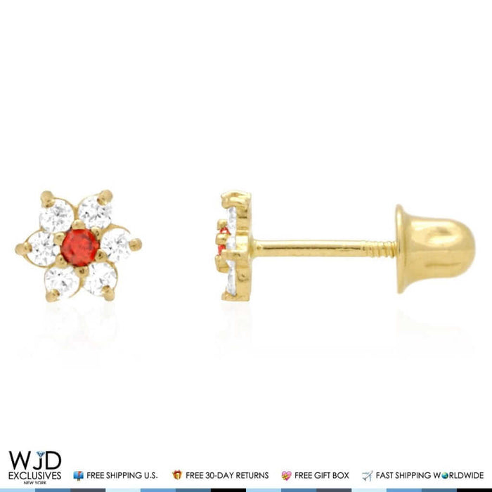 14k Yellow Gold CZ And Garnet Flower Screw Back Stud Earrings