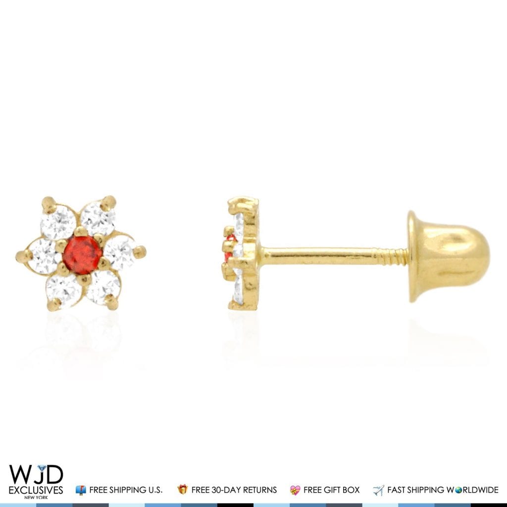 Kid's 14k Gold .50Ct Simulated Birthstone Flower Cluster Screwback Stud Earrings