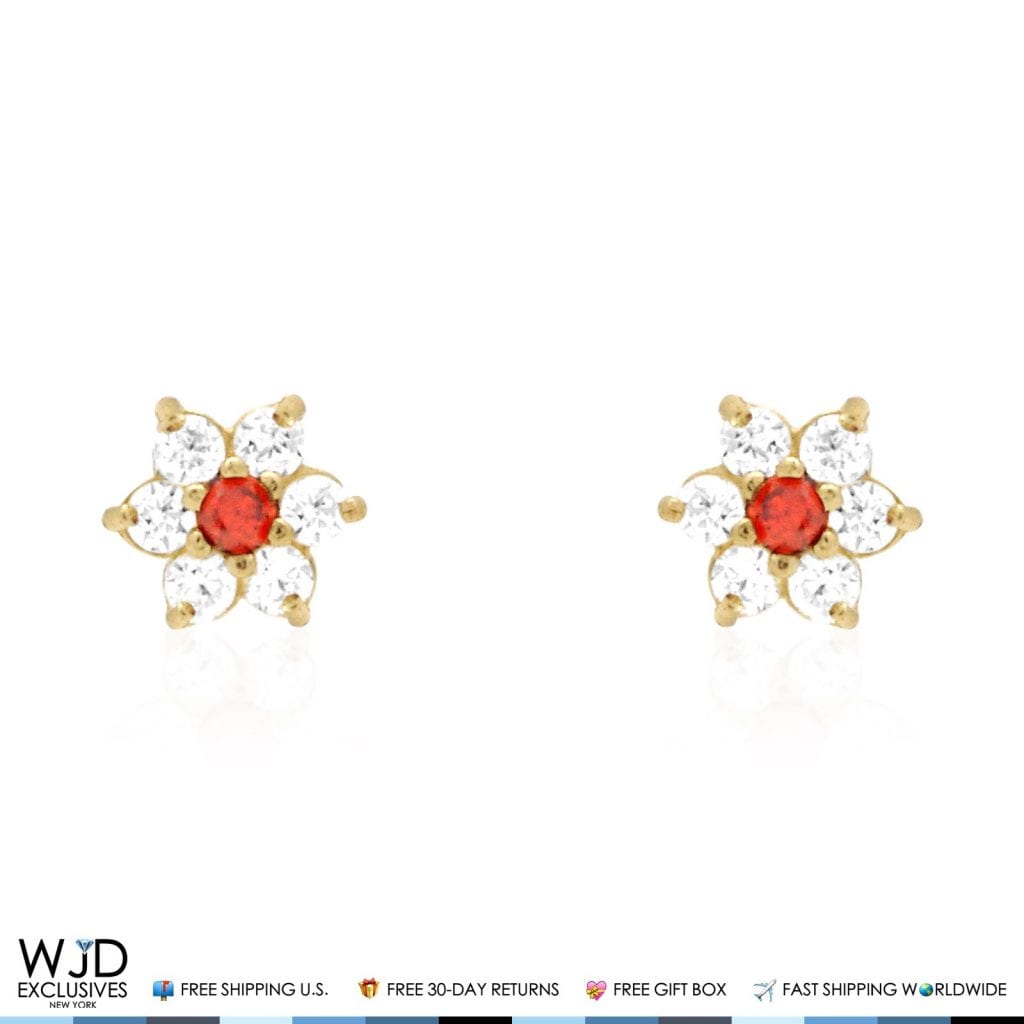 Kid's 14k Gold .50Ct Simulated Birthstone Flower Cluster Screwback Stud Earrings