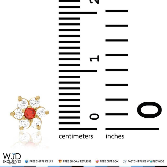 14k Yellow Gold CZ And Garnet Flower Screw Back Stud Earrings