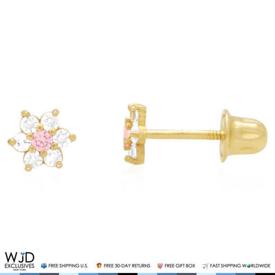 14k Yellow Gold CZ Tourmaline Flower Screw Back Stud Earrings