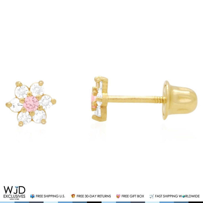 14k Yellow Gold CZ Tourmaline Flower Screw Back Stud Earrings