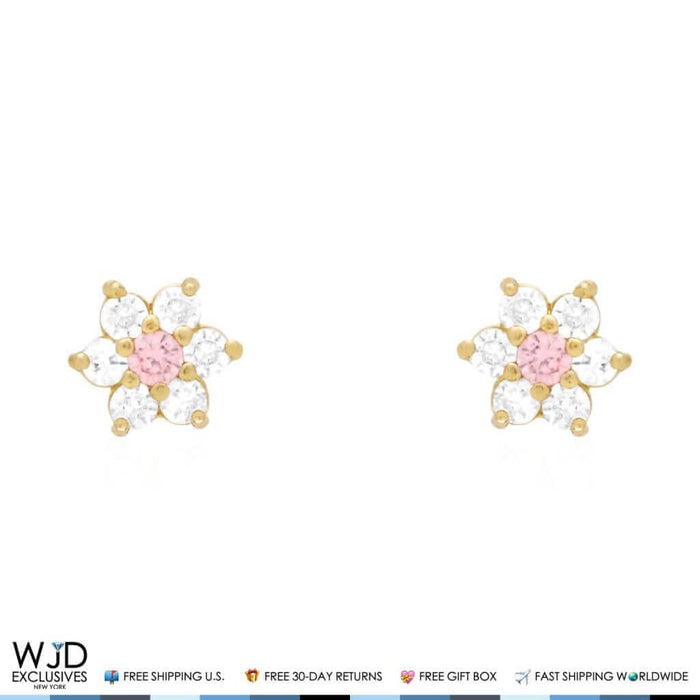 14k Yellow Gold CZ Tourmaline Flower Screw Back Stud Earrings