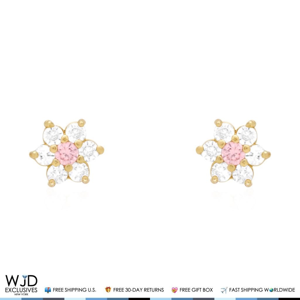 Kid's 14k Gold .50Ct Simulated Birthstone Flower Cluster Screwback Stud Earrings