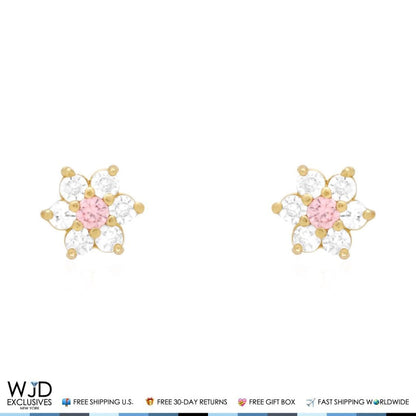 Kid's 14k Gold .50Ct Simulated Birthstone Flower Cluster Screwback Stud Earrings