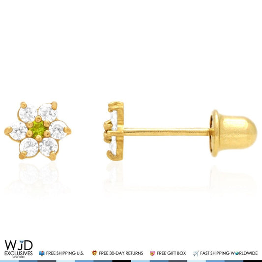 14k Yellow Gold CZ & Peridot Flower Screwback Stud Earrings