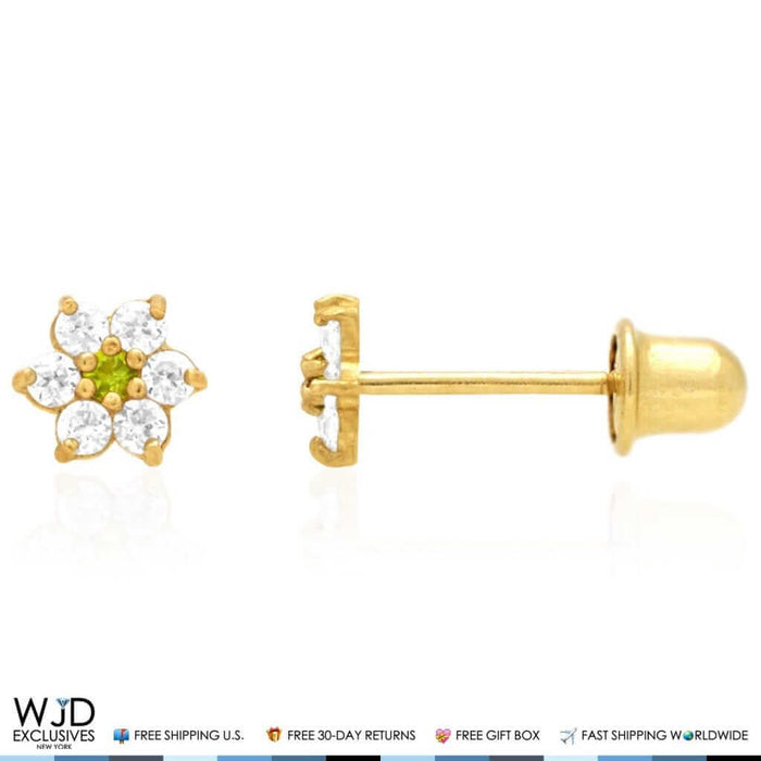 14k Yellow Gold CZ & Peridot Flower Screw Back Stud Earrings