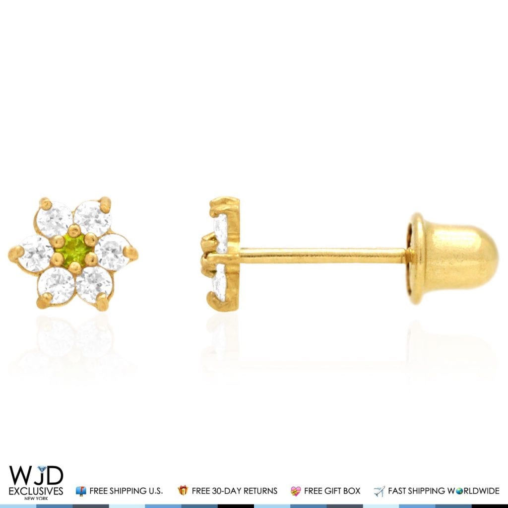 Kid's 14k Gold .50Ct Simulated Birthstone Flower Cluster Screwback Stud Earrings