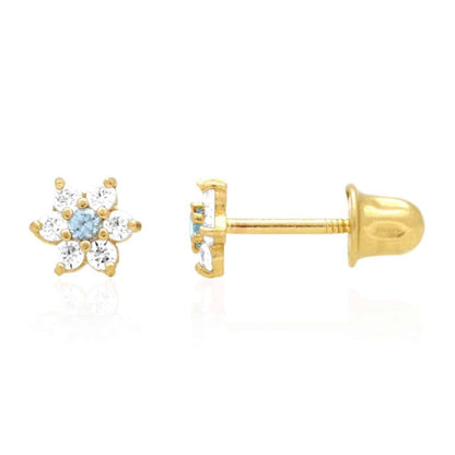 14k Gold CZ Aquamarine Flower Cluster Screwback Stud Earrings