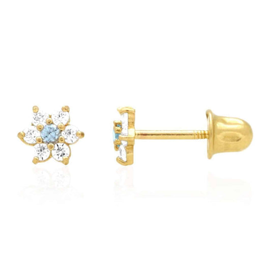 14k Gold CZ Aquamarine Flower Cluster Screwback Stud Earrings