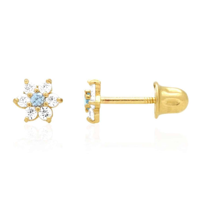 14k Gold CZ Aquamarine Flower Cluster Screw Back Stud Earrings