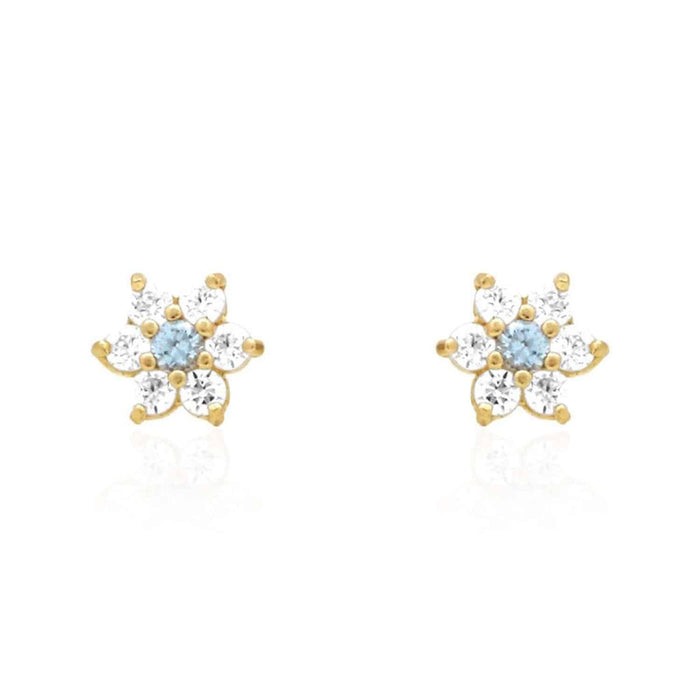 14k Gold CZ Aquamarine Flower Cluster Screw Back Stud Earrings