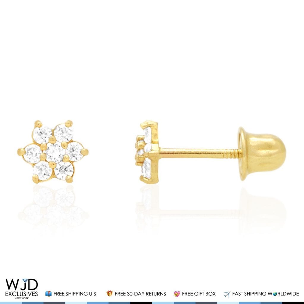 Kid's 14k Gold .50Ct Simulated Birthstone Flower Cluster Screwback Stud Earrings
