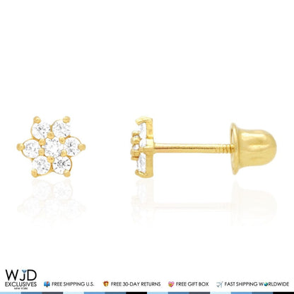 Kid's 14k Gold .50Ct Simulated Birthstone Flower Cluster Screwback Stud Earrings