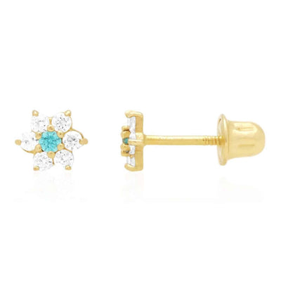 14k Gold CZ Blue Topaz Flower Cluster Screw Back Stud Earrings