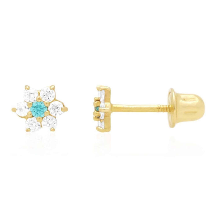 14k Gold CZ Blue Topaz Flower Cluster Screw Back Stud Earrings