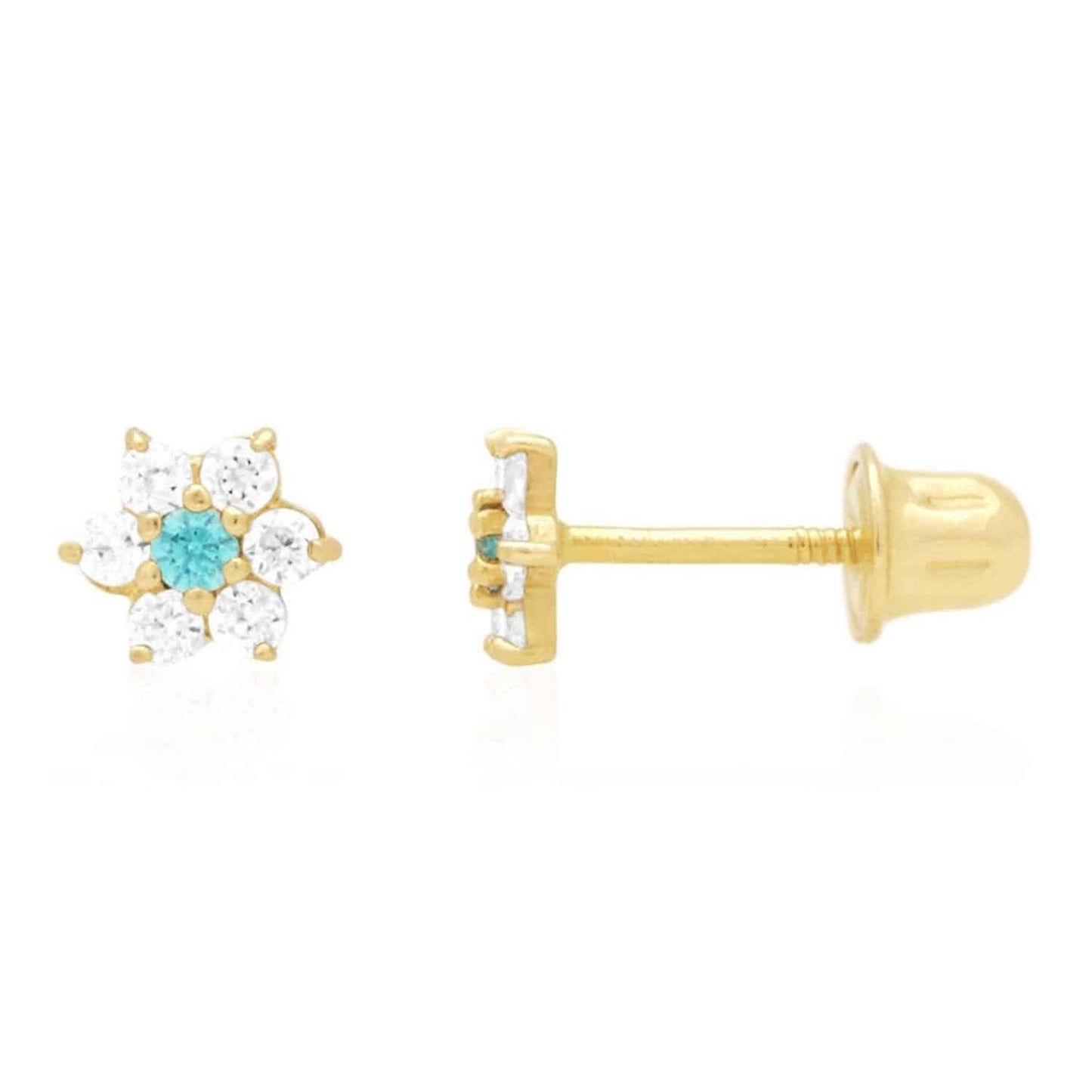 Kid's 14k Gold .50Ct Simulated Birthstone Flower Cluster Screwback Stud Earrings