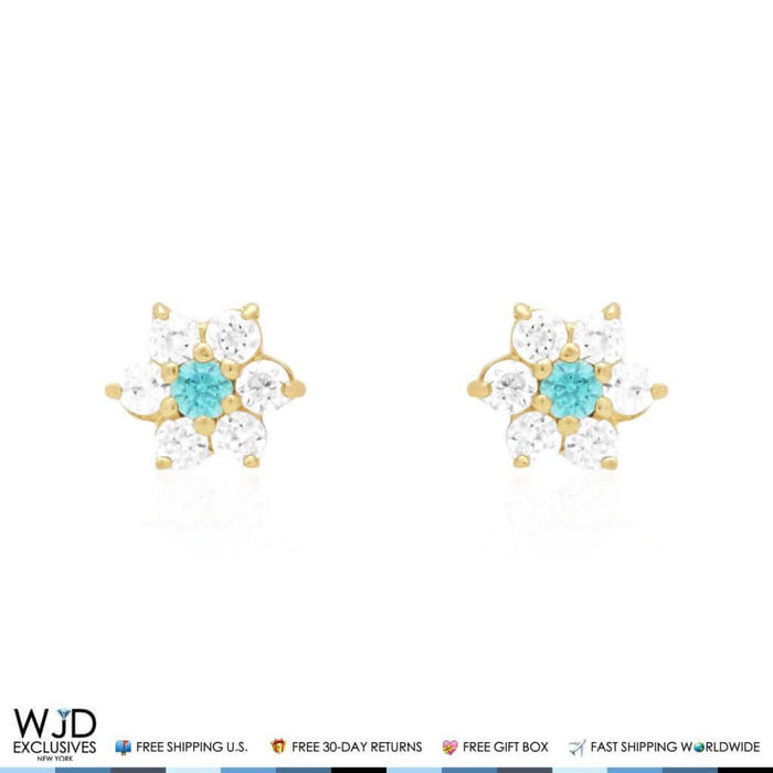 14k Gold CZ Blue Topaz Flower Cluster Screw Back Stud Earrings