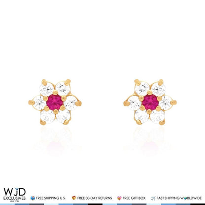 Kid's 14k Gold .50Ct Simulated Birthstone Flower Cluster Screwback Stud Earrings