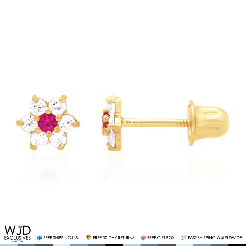 Kid's 14k Gold .50Ct Simulated Birthstone Flower Cluster Screwback Stud Earrings