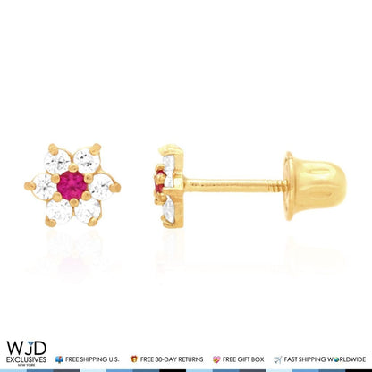 Kid's 14k Gold .50Ct Simulated Birthstone Flower Cluster Screwback Stud Earrings