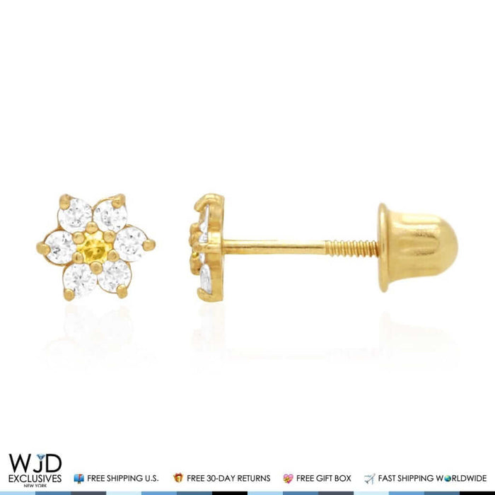 14k Yellow Gold CZ & Citrine Flower Cluster Screw Back Earrings