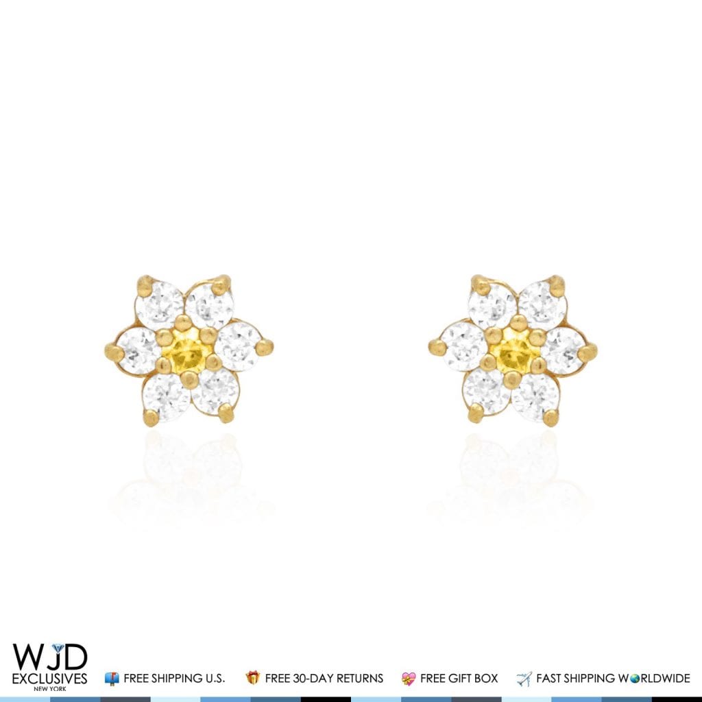 Kid's 14k Gold .50Ct Simulated Birthstone Flower Cluster Screwback Stud Earrings