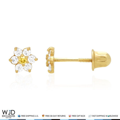 Kid's 14k Gold .50Ct Simulated Birthstone Flower Cluster Screwback Stud Earrings