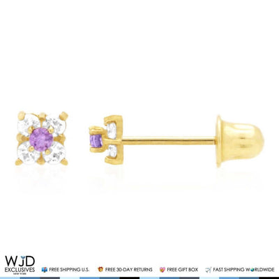 0.30Ct CZ & Amethyst 14k Gold Square Screw Back Stud Earrings
