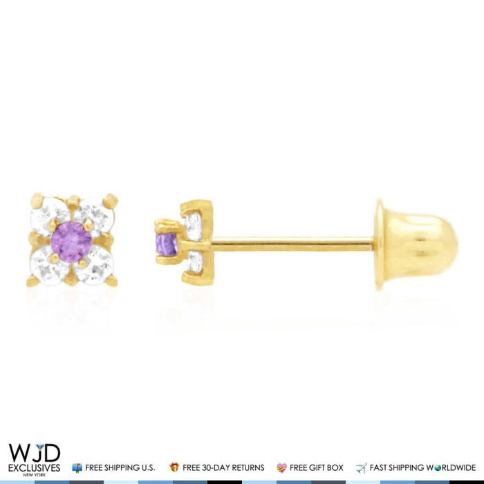 0.30Ct CZ & Amethyst 14k Gold Square Screw Back Stud Earrings
