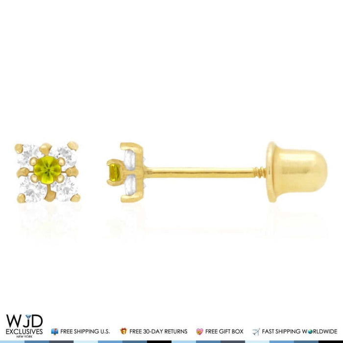 .30Ct CZ & Peridot 14k Yellow Gold Square Screw Back Stud Earrings