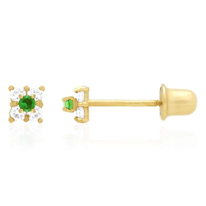 14K Yellow Gold Diamond And Emerald Square Screw Back Stud Earrings 0.30Ct