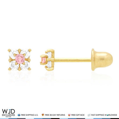 14k Yellow Gold Diamond & Pink Tourmaline Square Screw Back Stud Earrings 0.3Ct