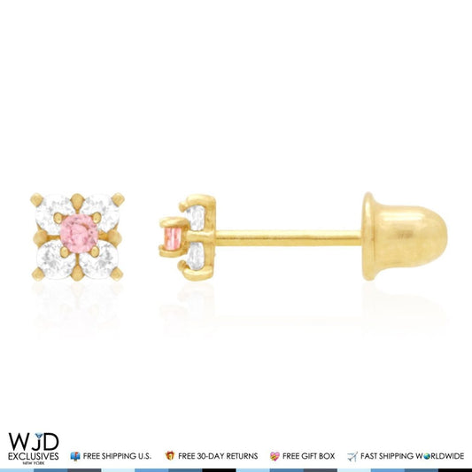 14k Yellow Gold Diamond & Pink Tourmaline Square Screwback Stud Earrings 0.3Ct
