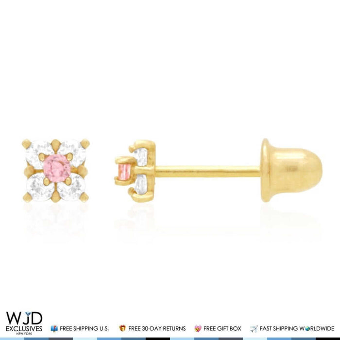 14k Yellow Gold Diamond & Pink Tourmaline Square Screw Back Stud Earrings 0.3Ct