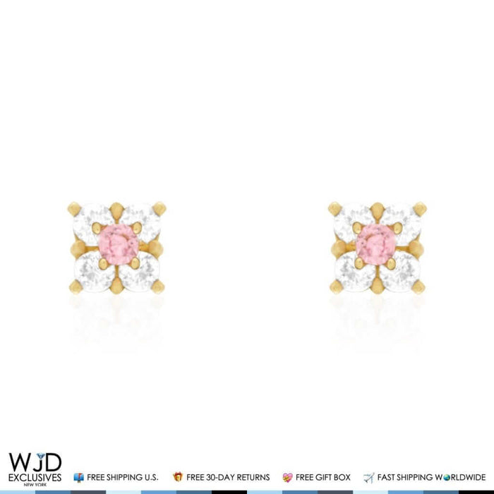 14k Yellow Gold Diamond & Pink Tourmaline Square Screw Back Stud Earrings 0.3Ct