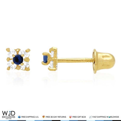 14K Yellow Gold Diamond And Sapphire Square Screw Back Stud Earrings 0.30Ct